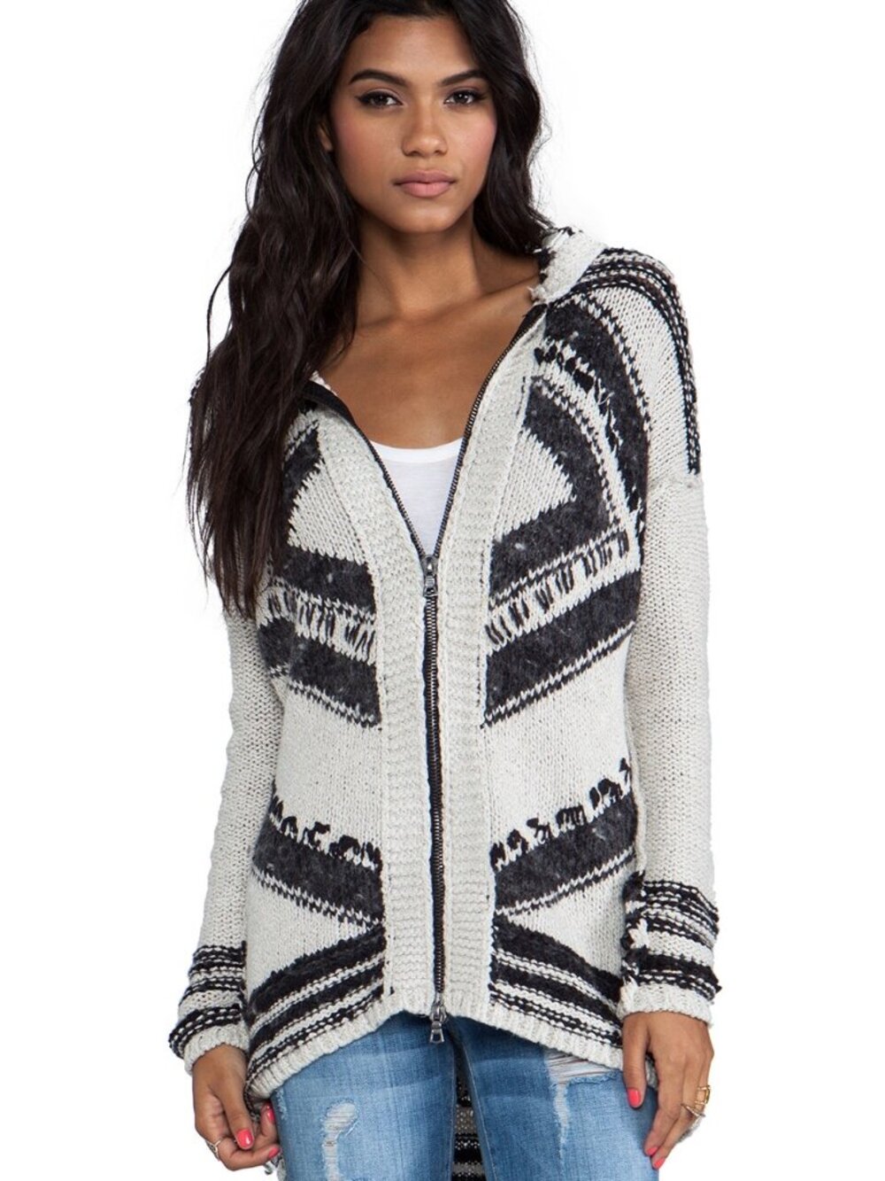 Free People Show Me the Way Fringe Knit Cardigan in Black & White